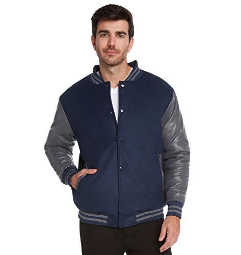 9 Crowns Essentials Men's Snap-Close Letterman Varsity Jacket-Navy/Charcoal-2XL