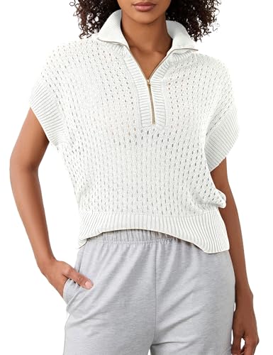 Image of Womens Spring Cap Sleeve Crochet Sweaters Loose Fit Quarter Zip Lightweight Hollow Out Beach Vacations Clothes