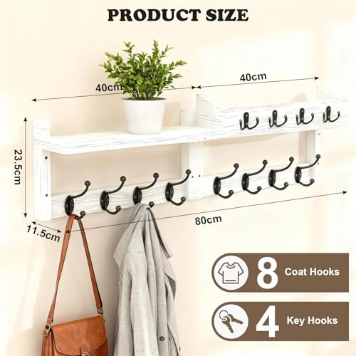 Perchero de pared de madera tipo B01 blanco con colgador para llaves integrado 3