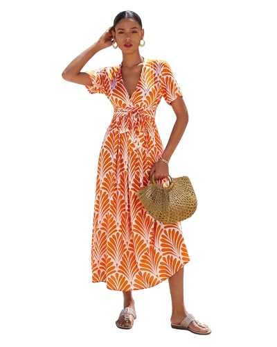 ADOR Womens Summer Boho Maxi Dress Floral Deep V Neck Smocked Empire Waist Short Sleeve Belted Tie Beach Flowy Casual Dresses, Orange M