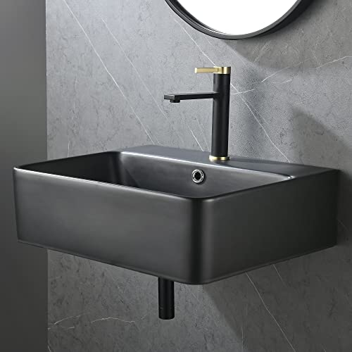 Black Bathroom Sink,Wall Mount Sink,21"X 17"Black Rectangle Wall Mounted Bathroom Vessel Sink,Modern Floating Or Countertop Porcelain Ceramic Washing Bathroom Lavatory Sink #TOP5