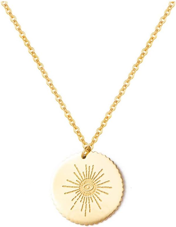 QIAMNIEvil Eye Round Stainless Steel Pendant Necklace for Women Men Simple Exquisite Adjustable Clavicle Chain Charm Personability Dainty Jewelry