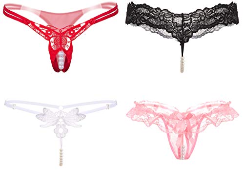 [ミラクルート] ４枚セット パール風ビーズ付 オープン クロッチ ショーツ セクシー ランジェリー - 画像1