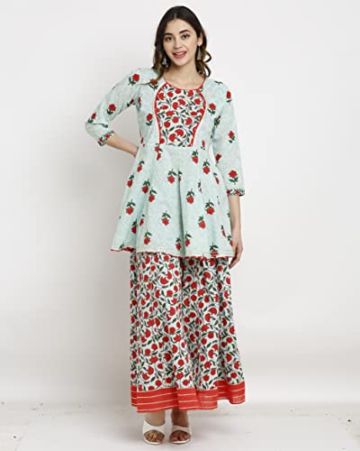 Image of Rajnandini Women's Pure Cambric Cotton Jaipuri Floral Printed A-Line Kurta Set With Dupatta (Ready To Wear; Sea Green; Small)(JOPLJPR803-S)