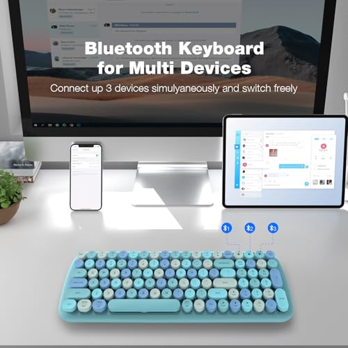 Image of MOFII Wireless Bluetooth Keyboard, Typewriter Retro Round Keycaps Keyboard, Bluetooth 5.1 Tech Compatible with iPhone, iPad, Android, Windows, PC, Mac, Perfect for Home /Office (Blue Colorful)