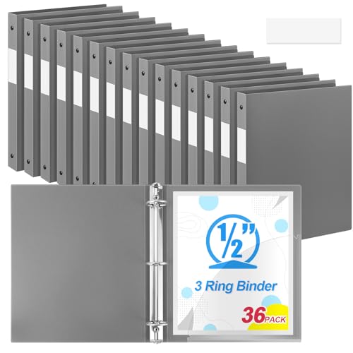 Henoyso 36 Pack 0.5 Inch Plastic 3 Ring Binder Round Ring, Bulk 1/2 Inch Flexible Binders Hold 140 Sheets Letter Size with Pocket, Document Organizer for Back to School Classroom Office (Gray)
