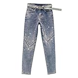 Jean Femme Slim Taille Normale,Jean Skinny Stretch Taille Haute en Denim délavé orné de Strass Longueur Cheville Coupe fuselée pour Une Silhouette affinée