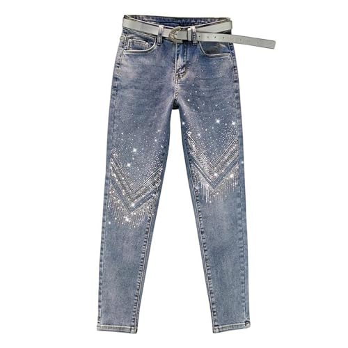 High Stretch Skinny Jeans with Rhinestones for A Tapered Ankle Length, Blue, M