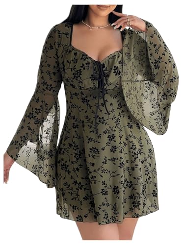 Women's Plus Size Goth Dress Long Bell Sleeve Bow Tie Dresses Vintage Floral Fall Mini Dresses Party Club Outfits