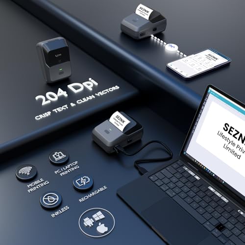 Image of SEZNIK Josh Bluetooth Thermal Label Printer for Business | Inkless Mini | Batch, Cloud Printing | Jewellery, Round, Rectangle Label | Mobile, Desktop Compatible | Upto 2 inch Print | 1 Year Warranty