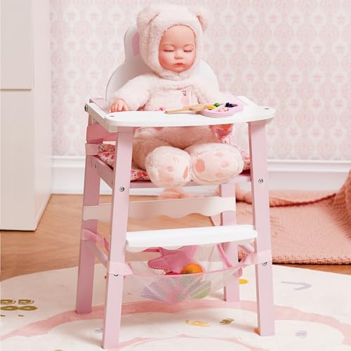 ROBUD Puppenstuhl aus Holz – Hochstuhl für Puppen mit Sicherheitsgurt, Teller & Zubehör – Puppenmöbel zum Rollenspiel für Kinder ab 3 Jahren