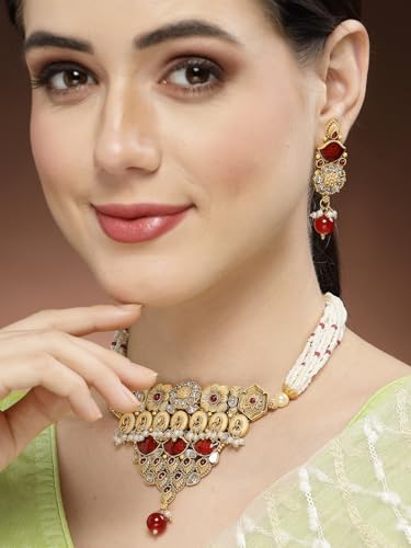Image of Adiva Stylish Traditional Gold-Plated Kundan Stone Pearls & Beads Meenakari Handcrafted Necklace with Earrings Jewellery Set for Women & Girls