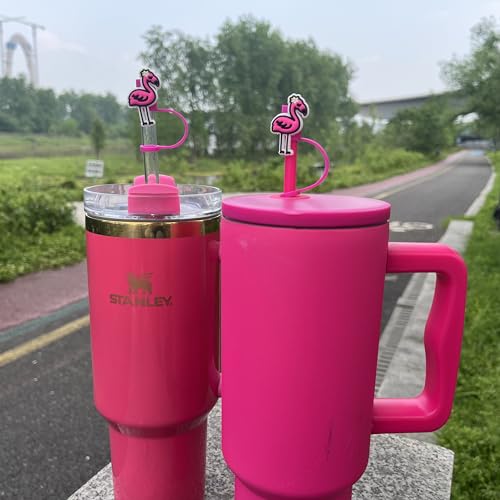 Cute Flamingo Straw Cover Cap Compatible with 30 40 Oz Stanley Tumblers - 4 PCs Pink Animal Straw Topper for Stanley Cup Dustproof Silicone Straw Protector Accessories