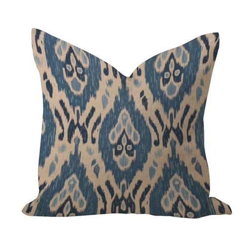 Image of WSDESDEC Ikat Blue Comfortable Throw Pillow Cover Modern Outdoor Pillow Cushion Case Blue Fresco Euro Sham Square Cotton Linen Pillowcases for Home Decor Chair Gallery Tent 26x26in