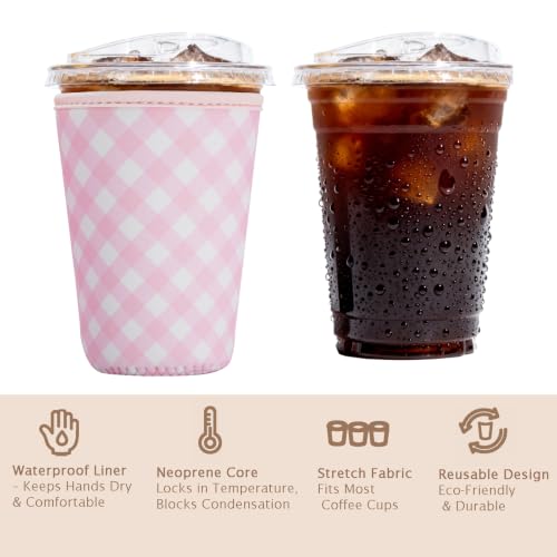 Image of Reusable Insulated Sleeve for Iced Coffee Cup, 3-Pack Coffee Neoprene Drink Sleeve for Cold & Hot Drinks, Beverage Holder for Iced Coffee (Pastel Gingham Set)