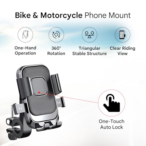 Image of HUMBLE Bike Phone Holder for Handlebar, 360 Rotatable Motorcycle Mobile Mount, One-Touch Lock Phone Holder, Shock-Absorbent Clamp for 4-6.9 Inch Phones, Bicycle & Scooter Compatible (BK-088 Black)
