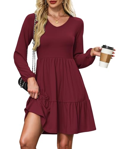 AUSELILY Womens Long Sleeve Dress 2025 Fall Casual V Neck Tiered Swing Flowy A-line Mini Short Dresses with Pockets