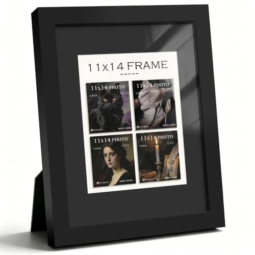 Picrit 11x14 Black Wooden Picture Frame, Black 8x10 Mat, Tempered Glass