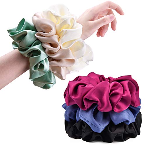 CEELGON Big Real Silk Scrunchies for Women Extra Large Scrunchie Satin Oversized Silk Scrunchy for Thick Hair Elastic Hair Ties Jumbo Hair Scrunchies 6 Pack (black white mulberry champagne blue green)