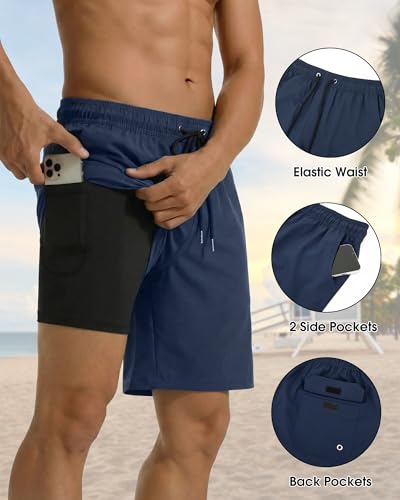 Image of Justay 2 in 1 Mens Swim Trunks 7 Inch, Beach Swim Shorts with Pockets | Swimming trunks, bathing suit, Compression Liner, Quick Dry, Swimsuit, Beach Vacation, Summer Swimwear, Gifts