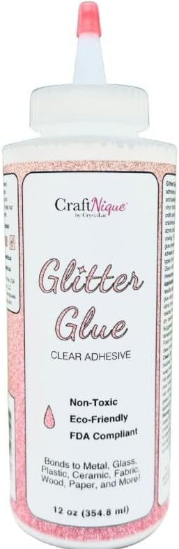 CrystaLac Glitter Glue Adhesive Permanent Bonding Non Toxic Water-Based for Adhering & Sealing Crafts, Non-Yellowing with No VOCs, Bonds to Metal Glass Plastic Ceramic Fabric & More, 12-Fl.Oz., Clear