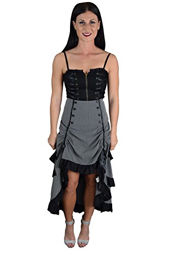 Gothic Victorian High Low Bustle Skirt – Pinstripe Tiered Steampunk Long Maxi Skirt with Ruffles and Bow Skirt4