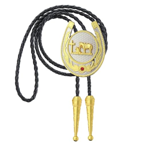 Image of Jeilwiy Bolo Tie for Men, Western Cowboy Golden Longhorn Bull Eagle Horse Cowboy Hat Bolo Necklace Leather Necktie for Women