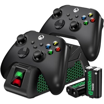 Mocagen Xbox Controller Charger Station, 2x1800mAh Rechargeable Battery & 4 Battery Cover Kit, USB-C, Fast Charging, Green/Red, 2 Count