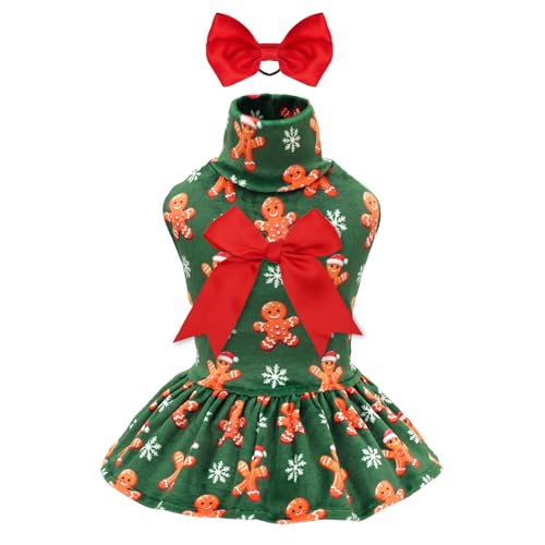 CuteBone Turtleneck Dog Velvet Dress Christmas Puppy Skirt Costume Pet Clothes Cat Apparel with Bow Hair Rope for Small Dogs CVD25XS
