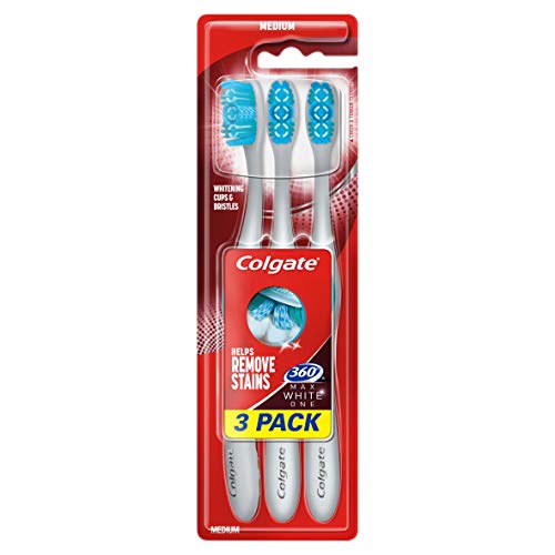 Colgate 360 Max White One Medium Toothbrush Triple Pack, Whitening Cup & Bristles, Pack of 3