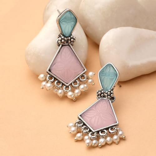 Image of Karatcart Silver Tone Diamond Shape Pink and Blue Carved Stone Studded Drop Earrings for Women