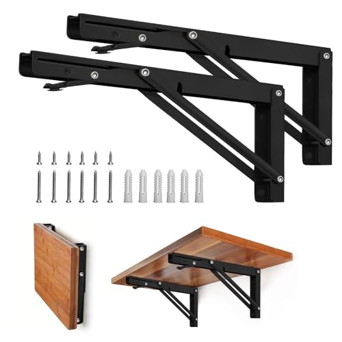 Storystore Folding Shelf Brackets - 12 Inch Heavy Duty Metal Collapsible Shelf Bracket for Bench Table, Shelf Hinge Wall Mounted Space Saving DIY Bracket, Max Load: 150 lb (2PCS, Black) by Storystore - Used condition - US$11.66