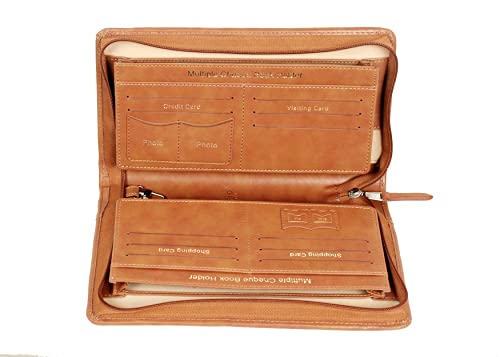 Image of Sukeshcraft Multiple Cheque Book Holder | Original PU Holds Upto 8 Cheque Books, Locker Key Hook, 2 Photo Slots, 1 Pin-Sim Slot, 13 Credit /Debit Card Slots with Matching Zipper (PU -Deep Tan)
