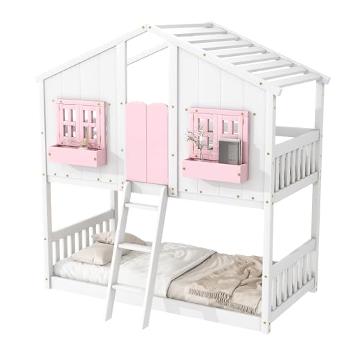 DNChuan Twin Over Twin Floor House Bunk Bed with Roof and Window, Storage Box, Low Loft Bunker Bed for Small Space, No Box Spring Needed for Kids Girls Boys, Pink/White