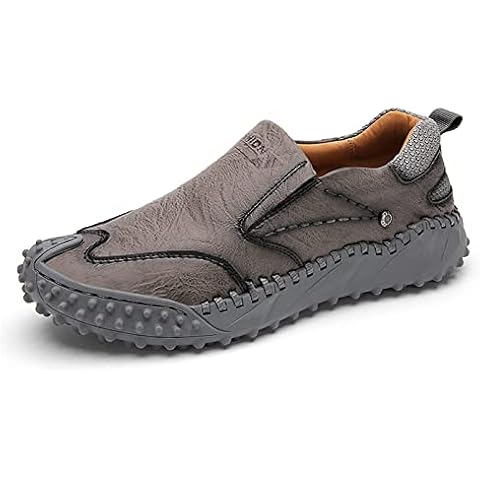 Men's Casual Loafers Slip-On Walking Shoes Comfortable Leather Oxford Shoes Hand Sewing Ankle Boots for Men Business Work Office Dress Outdoor Flat Loafers Shoes Lightweight Moccasins, all grey, 12 UK Cover