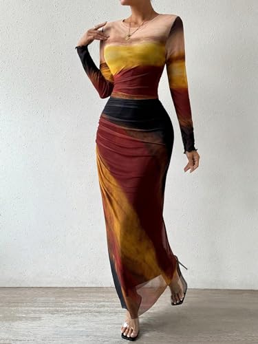 Image of MARZXIN Women Long Sleeve Maxi Dress Bodycon Ruched Formal Slim Fit Tie Dye Dress Formal Mesh Dress