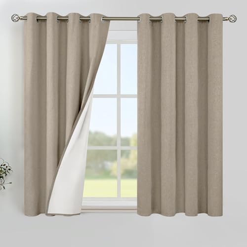 Image of YoungsTex Short Linen 100% Blackout Curtains for Bedroom, Thermal Insulated Full Room Darkening Window Drapes Taupe Textured Grommet Blinds with White Liner for Kitchen, 2 Panels, 52 X 45 Inch