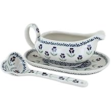 Blue Rose Polish Pottery Blue Daisy Gravy Boat & Ladle
