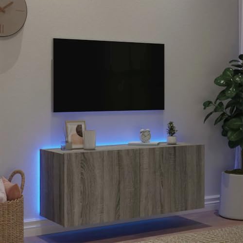 Meuble TV flottant avec lumières LED et rangement mural gain de place