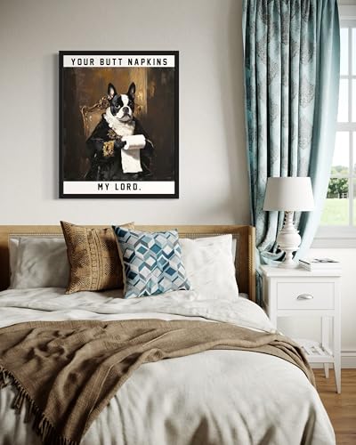 Image of Boston Terrier Gothic Bathroom Black Framed Wall Art Print Poster, Dog Pet Lover Picture Painting Artwork Bedroom Living Room Office Dining Room 150D (Boston Terrier Gothic Bathroom, 10 inchL x 8 inchW, Black Frame)