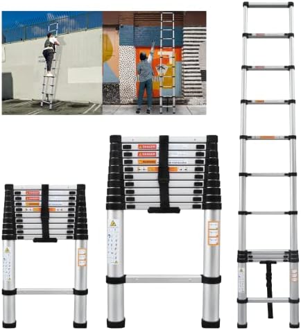 Telescoping Ladder, Multi-Purpose Folding Aluminium Extendable Ladder, 10.5FT Ladder Max Load 150kg, Ladder for Stairs, 10 Steps, Capable for Outdoor Garden and Families Work, 330 Lbs, Silver
