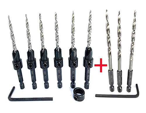 FTG Maximum Torque 6 Piece Same Size #8 (11/64") Pro Pack Countersink Drill Bit Set with 1 Depth Stop Collar 3/8" and 1 Hex Wrench plus 3 Piece Replacement Countersink Drill Bit Only with 1 Hex Wrench