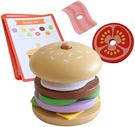 Wooden Montessori Toys for 1 2 3 4 5 Year Old, Stacking Rings Toy & Play Food Toy 2 in 1, Fine Motor Skills Learning Toys for Toddlers Kids - with Order Cards