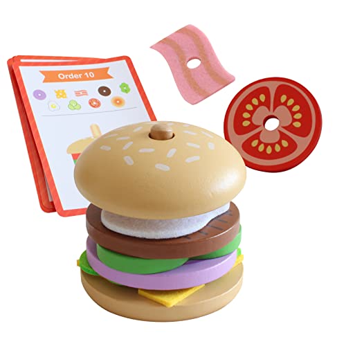 Wooden Montessori Toys For 1 2 3 4 5 Year Old, Stacking Rings Toy & Play Food Toy 2 In 1, Fine Motor Skills Learning Toys For Toddlers Kids - With Order Cards #TOP27