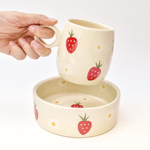 Image of Strawberry Breakfast Bowl & Coffee Mug Set| Microwave Safe | Matching Set of Cup and Bowl| Cute & Aesthetic | Pinterest Bowl & Mug| 240 Ml (Design 2)