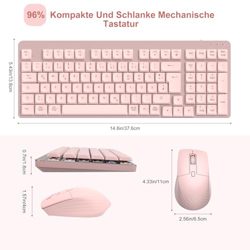 Leadsail FA98 - Tastiera Meccanica E Mouse Senza Fili, Layout Qwertz Con Mouse, Interruttore Rosso A Basso Profilo, 98 Tasti, Tastiera Compatta, 1600 Dpi Per Windows Macos Pc Laptop Rosa - 8