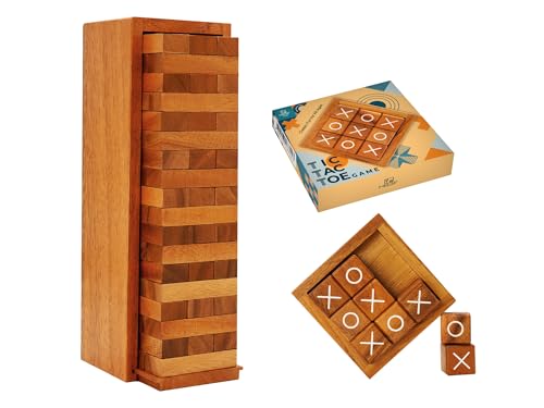 BSIRI 4 Inch Tic Tac Toe & Tumbling Tower for Table Living Room Decor or Wooden Desk Decor Family Game Camping Wood Games Set Rustic Decorative