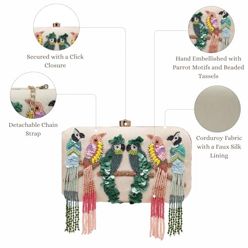 Image of Anekaant Adorn Off White & Multi Embellished Corduroy Clutch | Perfect for Bridal, Festive | Party Purse for Women & Girls