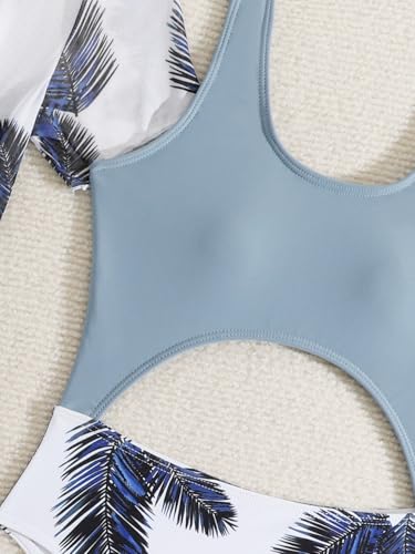 Image of Girl's 2 Piece One Pieces Set Tropical Print Bathing Suit Swimwear with Kimono Cover Ups Blue 140