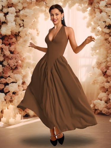 Image of ChiaoLezhee Deep V Neck Dress, Halter Maxi Dresses, Vacation Date Night, Sexy for Women Corset Flowy Wedding Guest Drop Waist